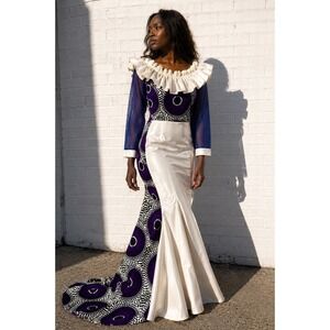 Binta Real Wax Purple Cotton Wax Print Mermaid Gown Ruffle Pearl Mesh Size S
